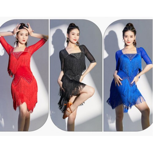 Black red royal blue fringe latin dance dresses for women girls ball room dancing costumes salsa rumba tassels dance skirts for female